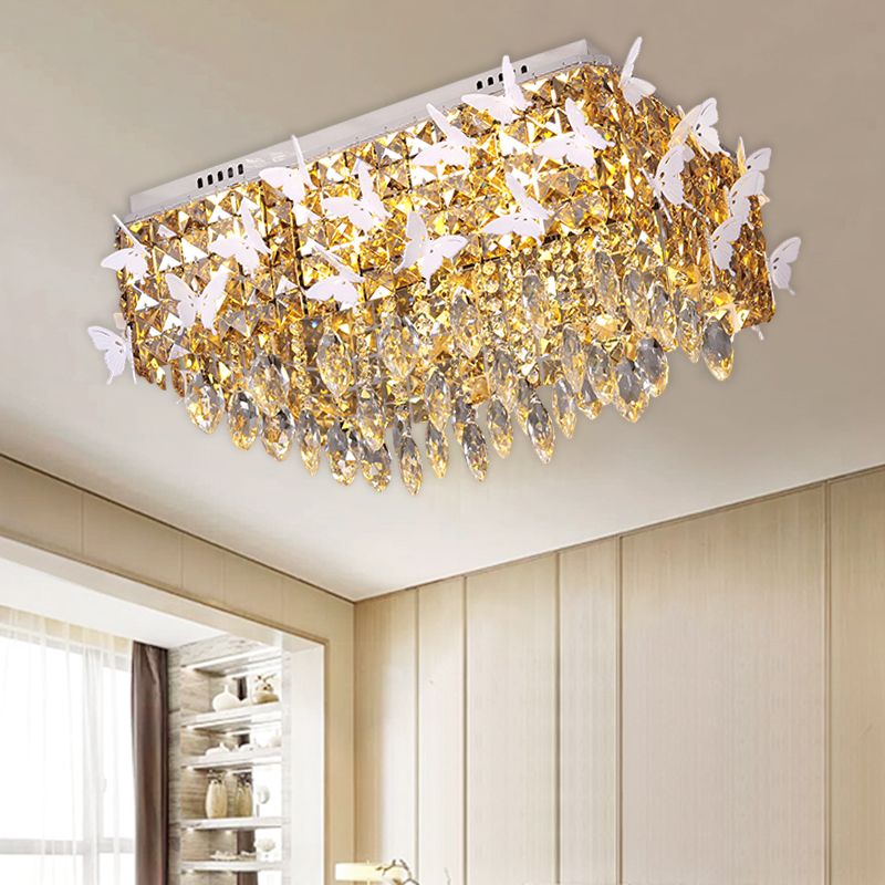 Rettangolo Flush Mount Lighting Semplicity Clear / Amber / Lake Blue Crystal LED Stainless - Steel Butterfly Massimale Light Fixture in Warm / White Light