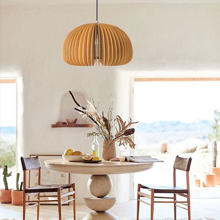 Pumpkin Shaped Wooden Hanging Lamp Modern 1-Light Suspension Light Fixture