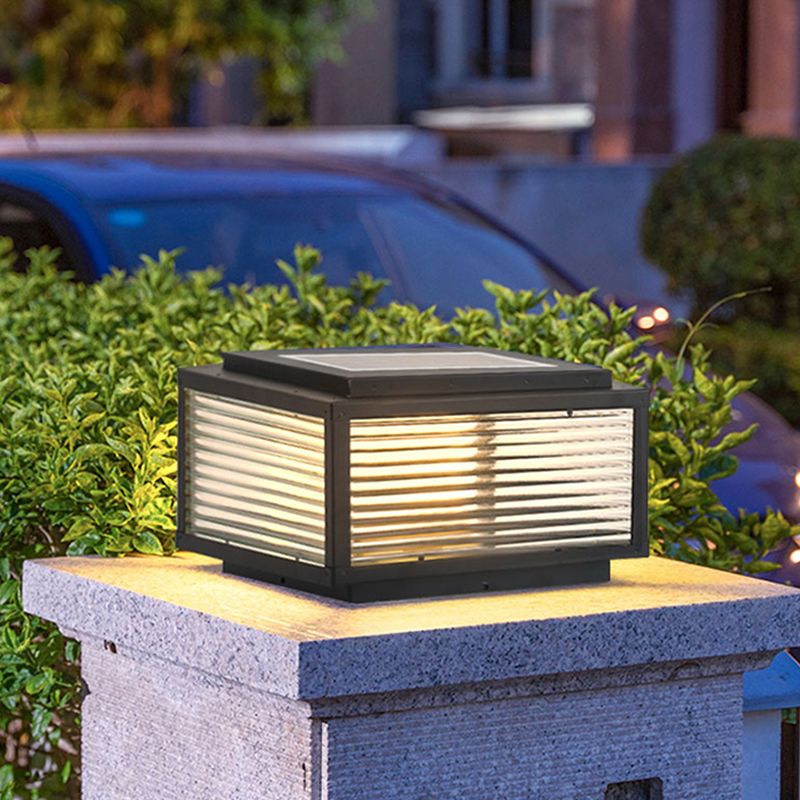Metal Rectangle Shape Outdoor Light Modern Style 1 Light Solar Pillar Lights in Black