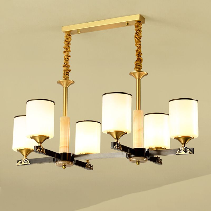 Modern Style Cylindrical Shape Island Lights White Glass 6-light Pendant Lights in Gold