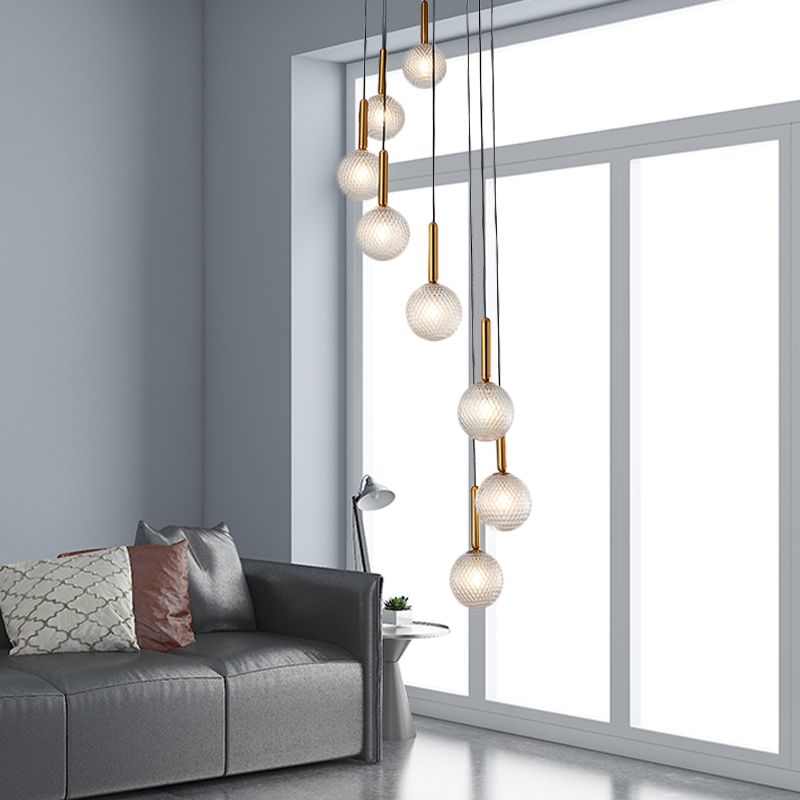 8/9 Bulbs Cluster Pendant Light Modernist Spiral White/Clear Lattice Glass Ceiling Hang Fixture