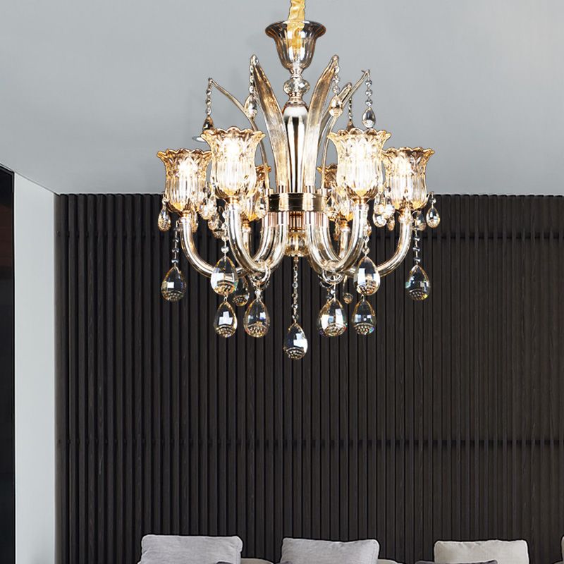 Bell Living Room Chandelier Lamp Traditional Crystal Drop 6/8 Lights Chrome Hanging Ceiling Light