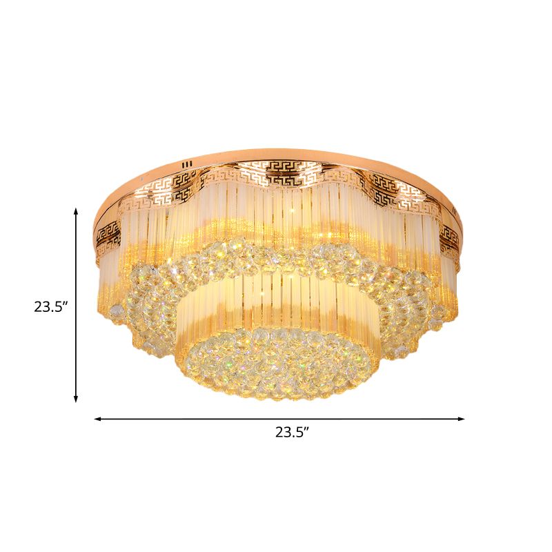 LED Flush Mount Lamp Simple 2-Tiered K9 Crystal Ceiling Light Fixture in Gold for Living Room
