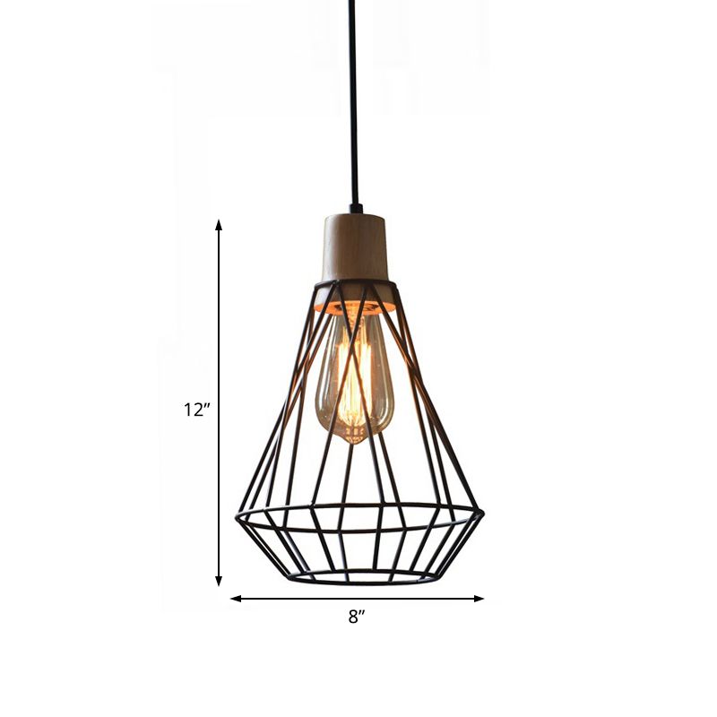 12 "/13" H 1-Licht Anhängerleuchte Leuchte Moderne geometrische Drahtkäfig-Eisen-Anhängerlampe mit Holzoberteil in Schwarz für Schlafzimmer