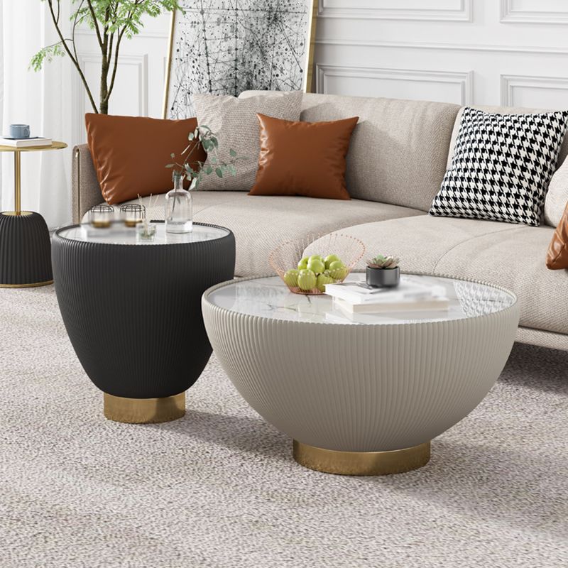 Slate Round Top Coffee Table Faux Leather Solid Base Cocktail Table