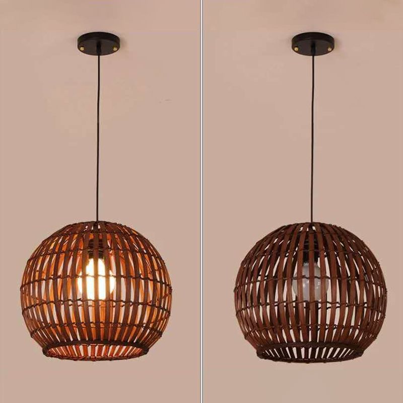 Spherical Hand-Woven Pendant Asia Art Deco 1 Bulb Bamboo Hanging Light for Dining Table
