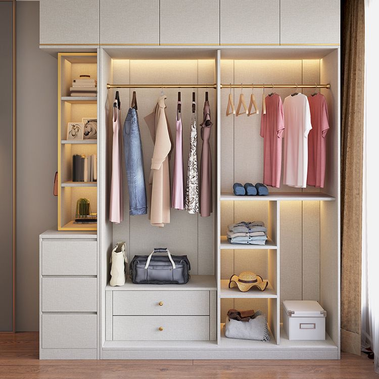 White Modern Style Wardrobe Cabinet Engineered Wood Wardrobe with Clothing Rod