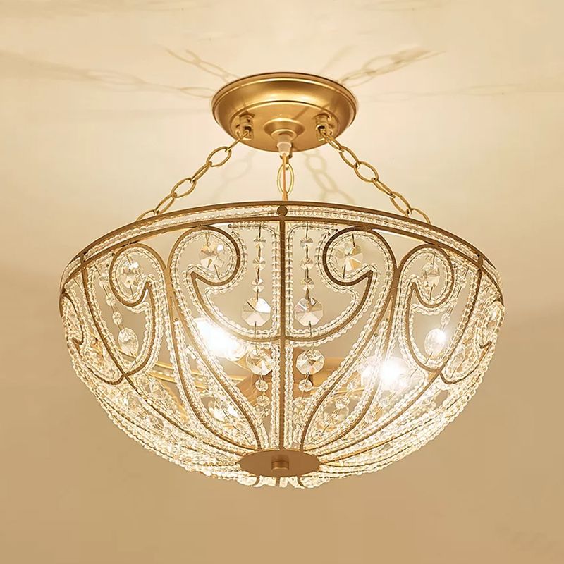 Bowl Shape Bedroom Flush Mount Lamp Crystal 1 Light Contemporary Semi Mount Lighting in Gold