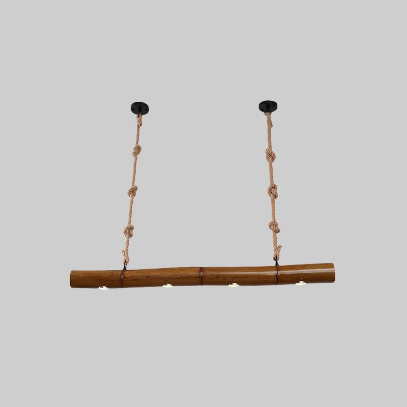 Bamboo Tube Island Lighting Farmhouse 4 Bulbs Restaurant Hanging Pendant Light in Yellow and Brown with Rope