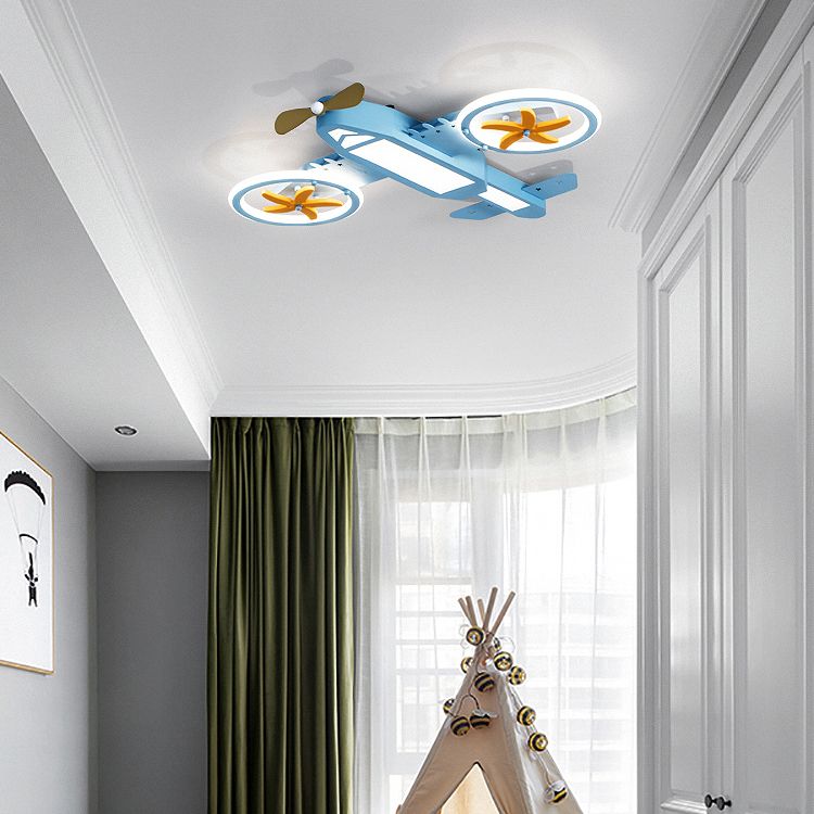 Lámpara de techo de metal LED moderna con luz empotrada en avión azul para dormitorio de niños