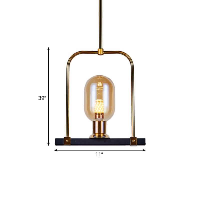 Oval Shape Pendant Lighting Post Modern Amber Glass Single Bulb Black-Gold Hanging Light Kit with Bird Cage Design