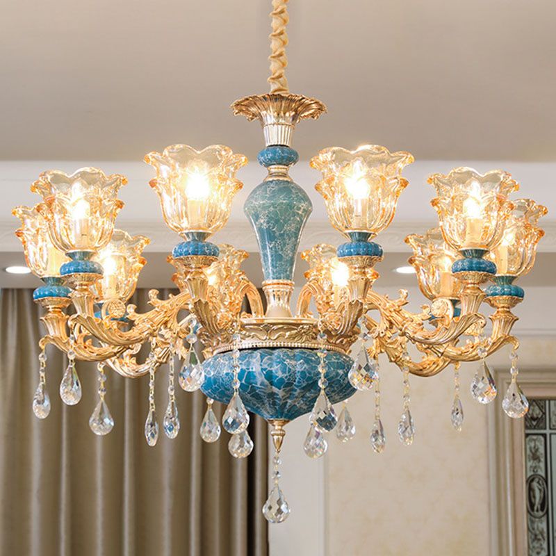 Swooping Arm Living Room Pendant Chandelier Rustic Metal Gold Hanging Ceiling Light with Flower Clear Textured Glass Shade