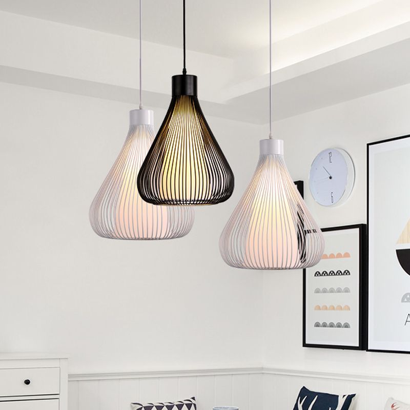 Metallic Black/White Ceiling Lighting Teardrop Cage Shade 1 Bulb Retro Industrial Pendant Light Fixture