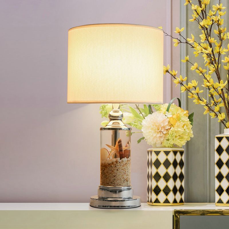 1-Light Metal Night Table Lamp Antique Style White Cylindrical Base Bedroom Table Light with Drum Fabric Shade