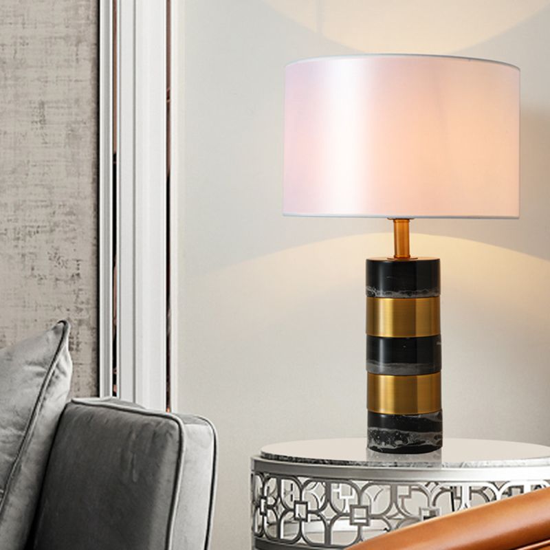 Modern Drum Nightstand Lamp Fabric 1 Head Living Room Table Lighting with Marble Base in White