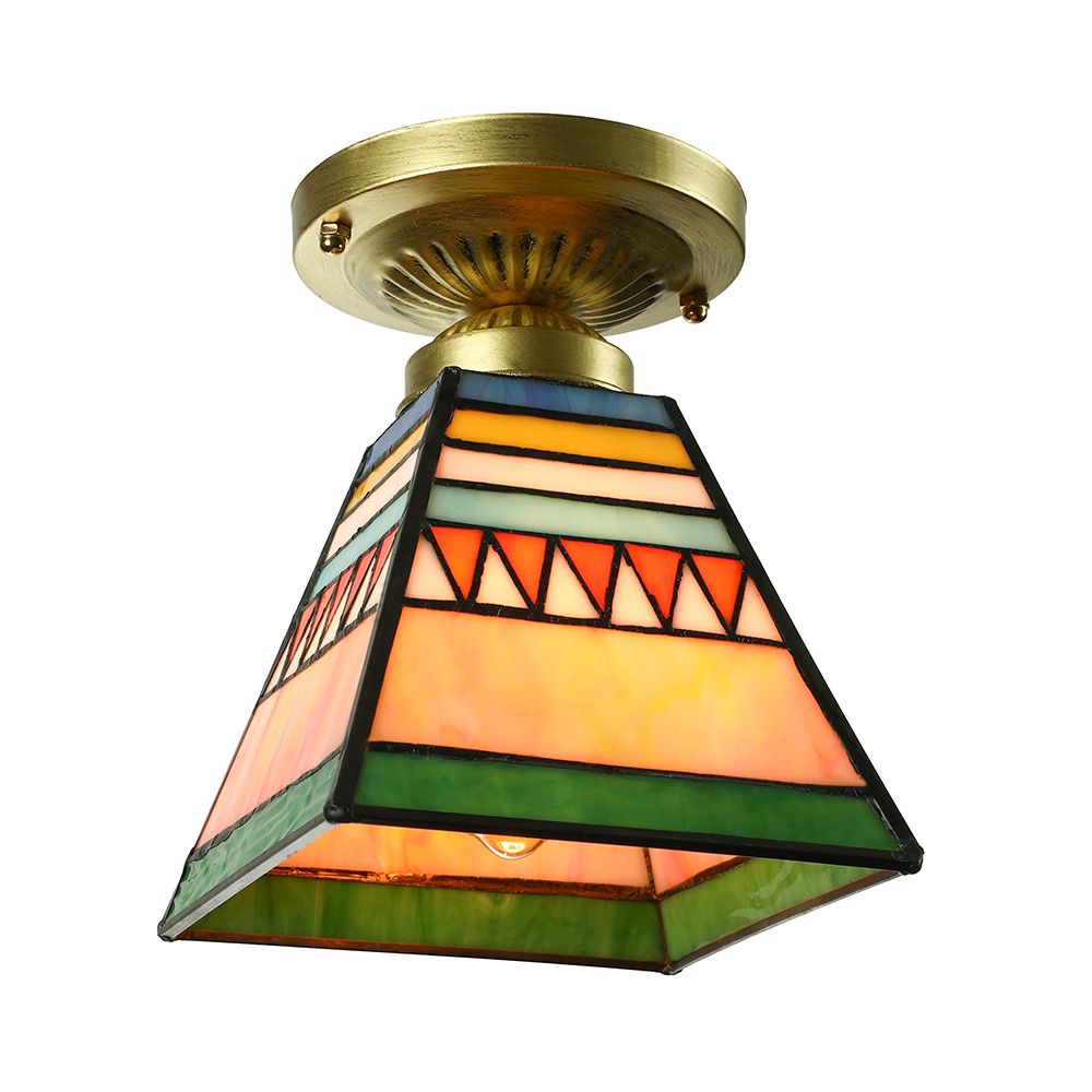 Mini plafonnier trapèze style mission en verre teinté, plafonnier à 1 lumière en laiton brossé