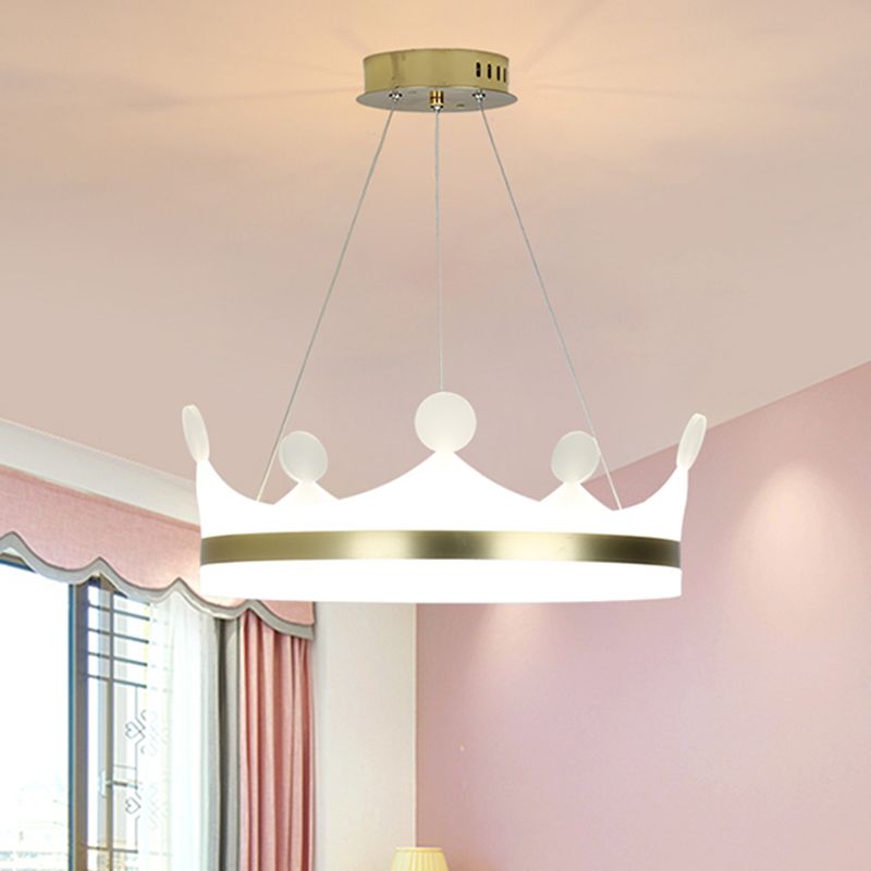 Kids Crown Hanging Lamp Metallic Girls Bedroom LED Chandelier Light in Gold, Warm/White Light