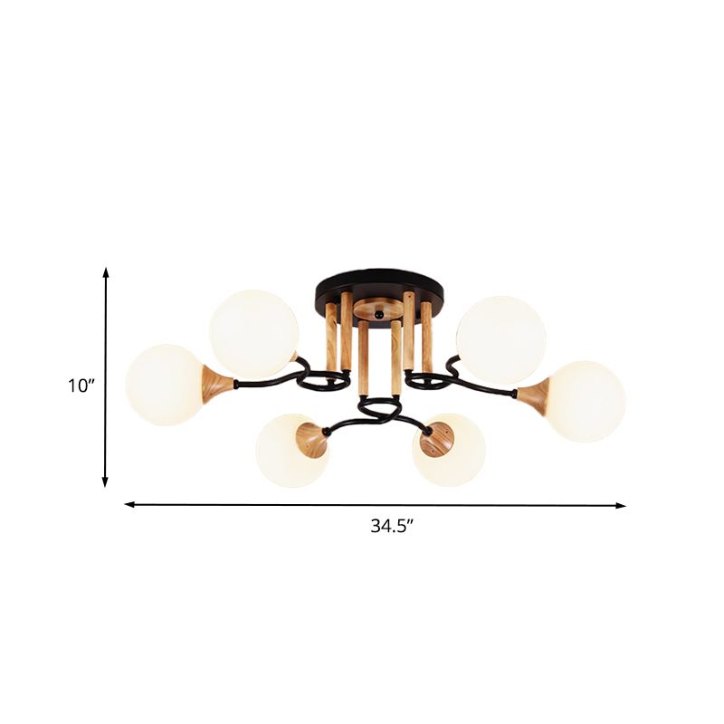 Lámpara de techo empotrada de vidrio opalino, modernismo, lámpara de techo empotrada de vidrio opalino de 3/6 luces, esfera negra y madera