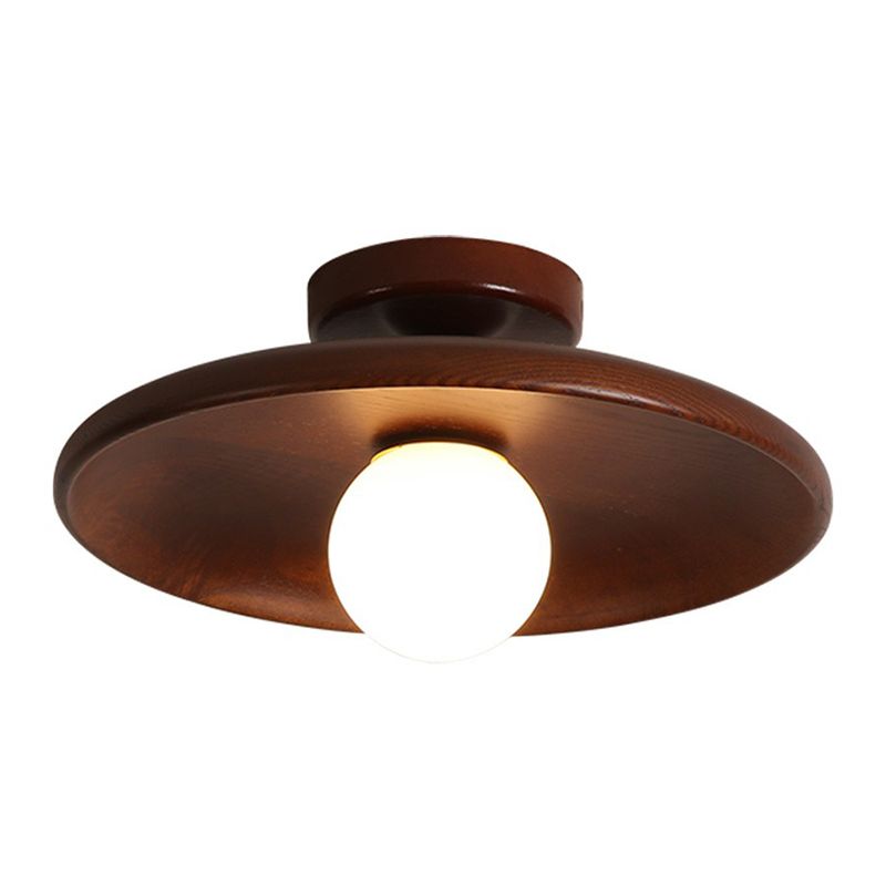 Shallow Bowl Shaped Ceiling Lamp Minimalist Wooden 1 Head Aisle Semi Flush Mount Light