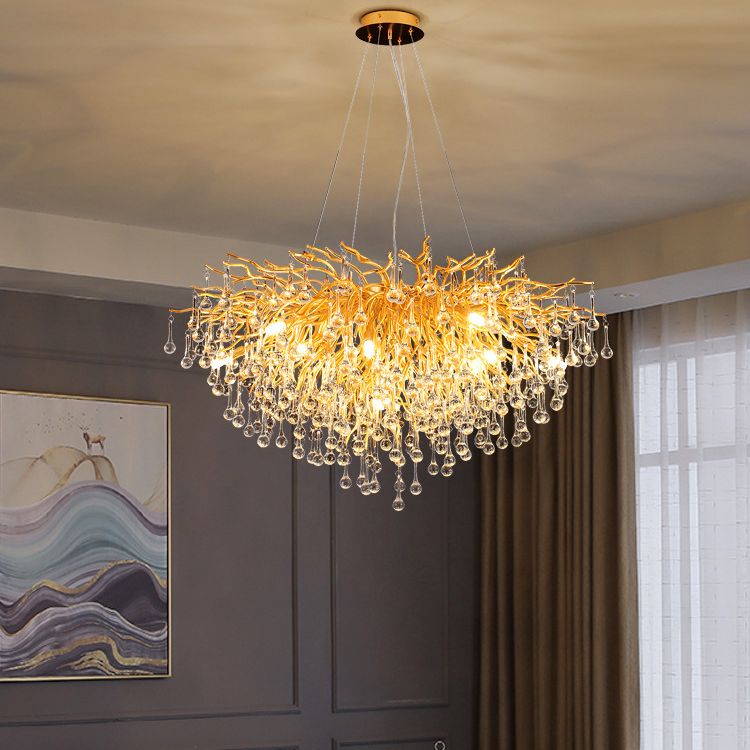 Gold Nest Chandelier Lighting Luxury Country Style Crystal Living Room Hanging Light