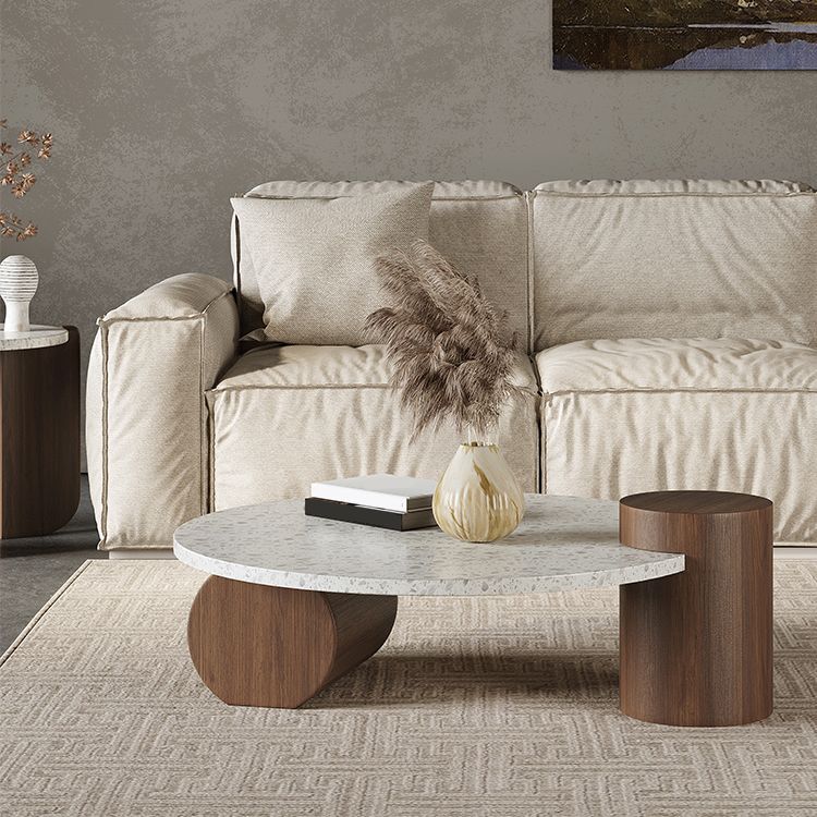 White Round Coffee Table Terrazzo and Pine Wood Cocktail Table Set