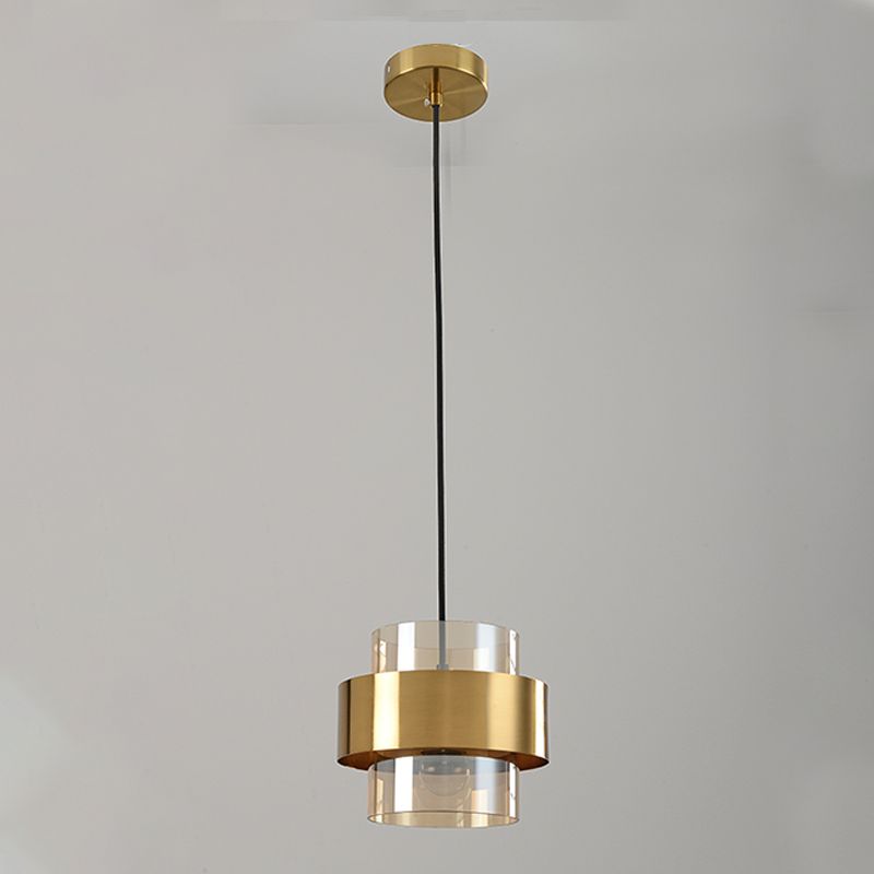Modern Artistic Cylindrical Pendant Light Electroplate Metal Hanging Lamp with Glass Shade