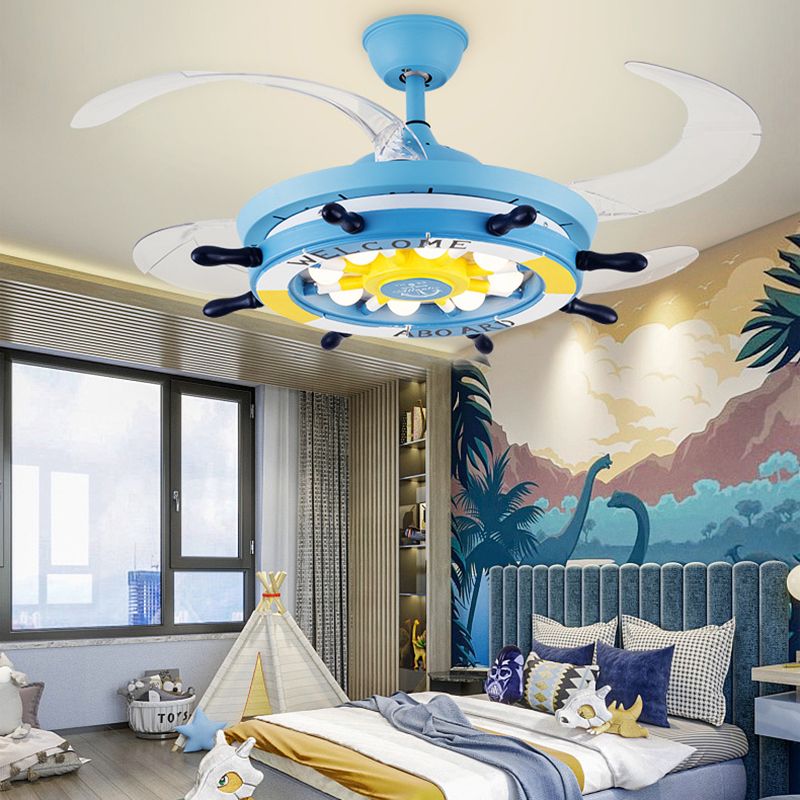 42" Cartoon Rudder Ceiling Fan Lamp Metallic Child Room LED Semi Flush Light