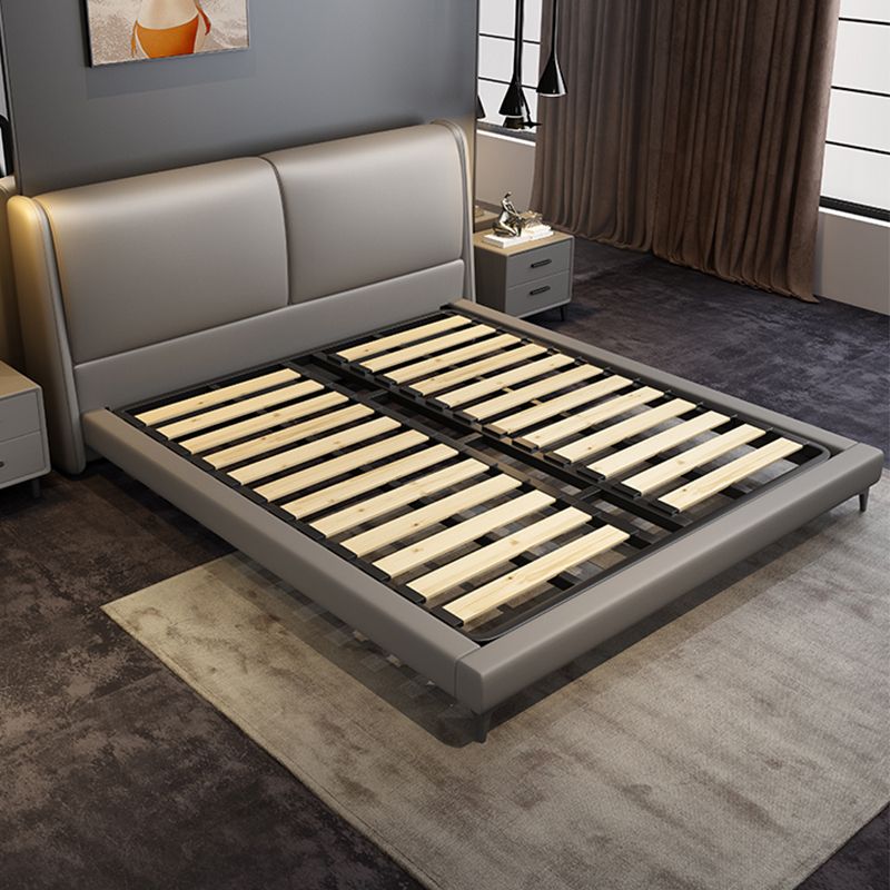 Modern Panel Bed with Upholstered Headboard Grey Solid Wood Bed Frame