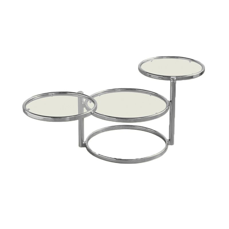 Extendable Coffee Table Glass with Round Top and Stainless Steel Base
