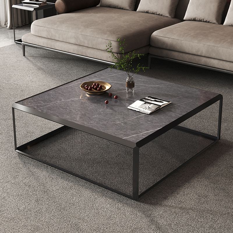 Geometric Slate & Glass Coffee Table Modern Simple Cocktail Table with Floor Shelf