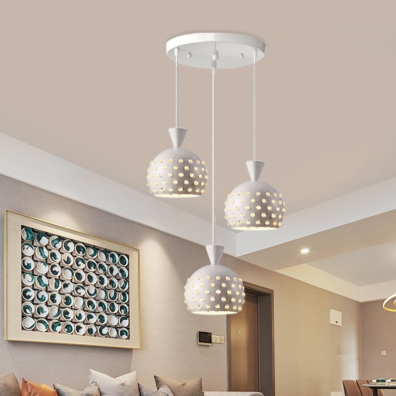 Domed Restaurant Multi-Pendant Iron 3 Lights Modernist Hanging Ceiling Lamp in White with Crystal Bead Embedded Design
