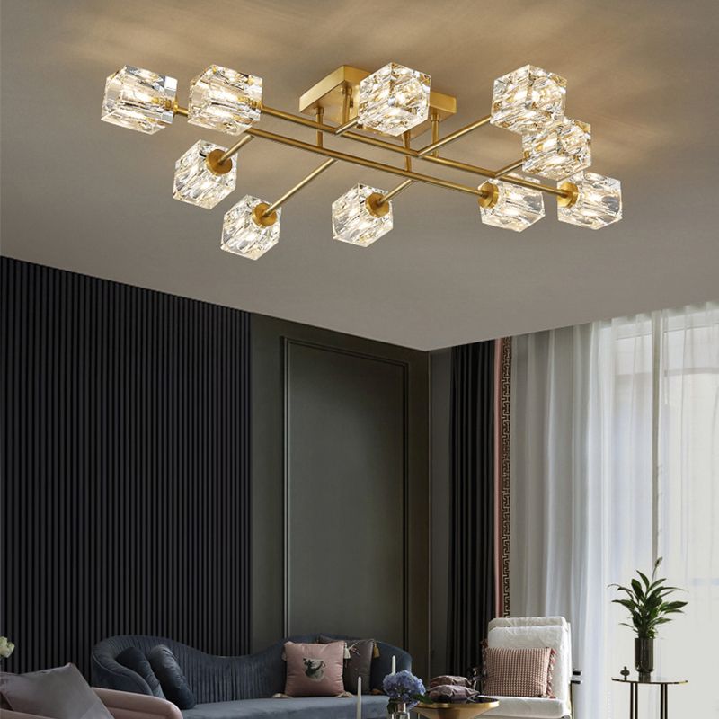 Zeitgenössischer Würfel Flush Light Crystal Flush Mount Deckenbestand in Gold