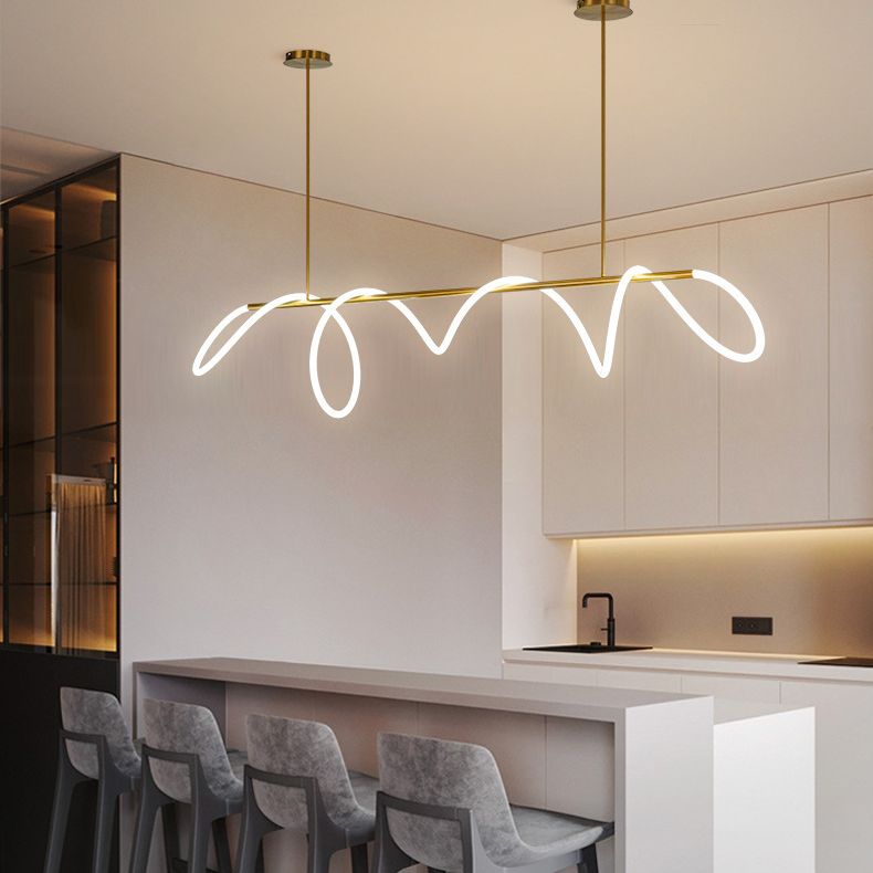 Modern Minimalism Gold Linear Island Pendant Lighting LED Metal Island Ceiling Light for Dining Table