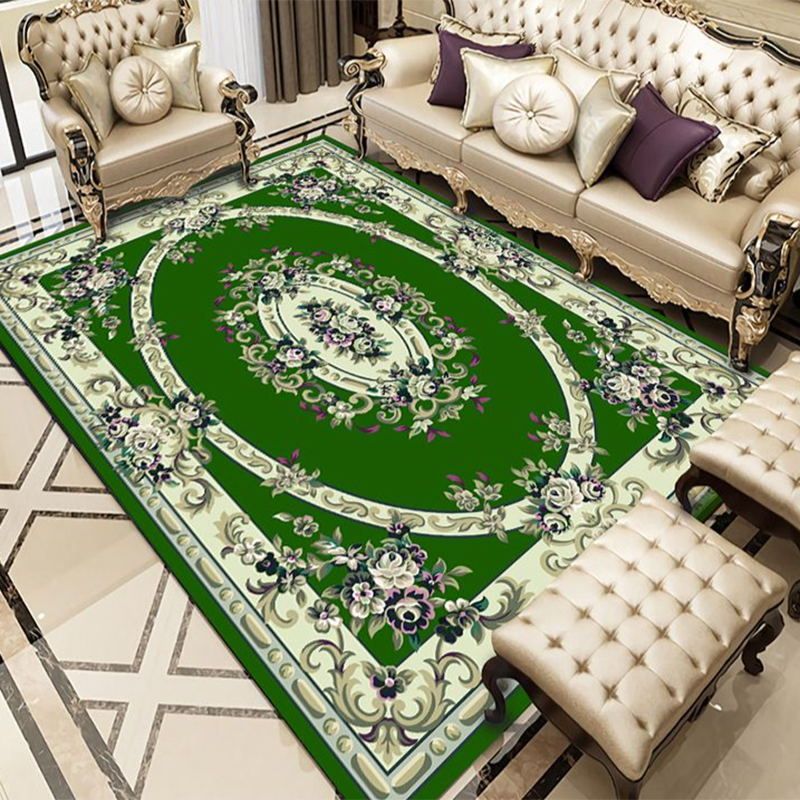 Classic Medallion Carpet Green Polyester Area Carpet Anti-Split Backing Rug for Living Room