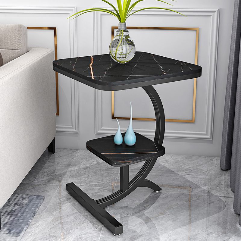 Double Tier Square Slate Top End Table Metal C Side Table for Living Room