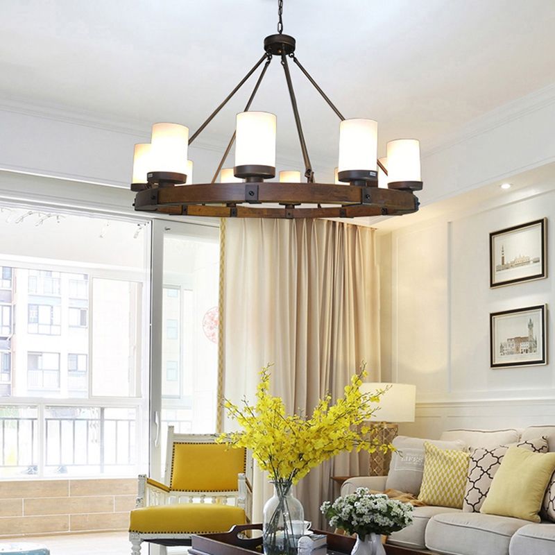 Round Solid Wood Rustic Style Chandelier Cylindrical White Glass Shade Dining Room Lighting Fixture