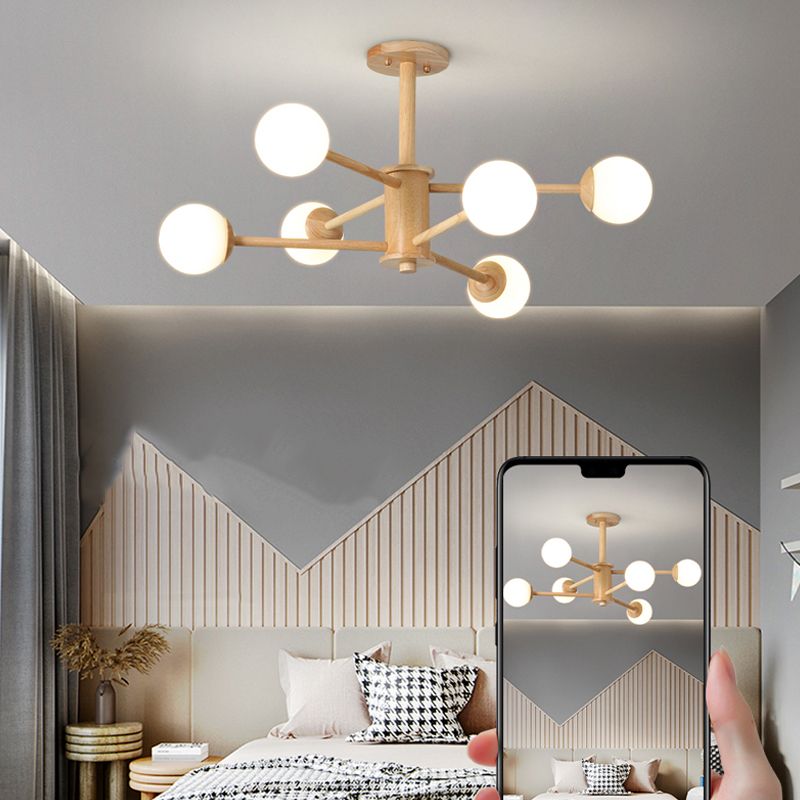 Modern Simplicity Globe Chandelier Wooden Indoor Pendant Light with White Glass Shade