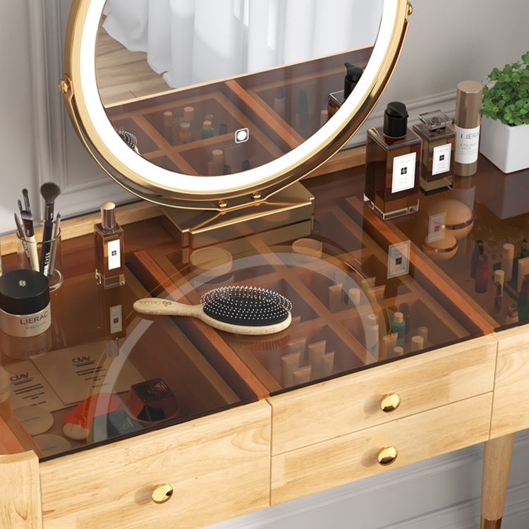 Glass Vanity Table Drawers Stool Vanity Set with Lights Mirror