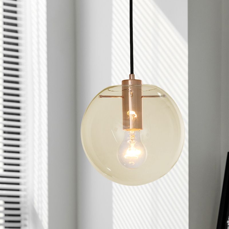 Clear/Amber Glass Round Pendant Light Contemporary 1 Light Hanging Ceiling Lamp in Rose Gold
