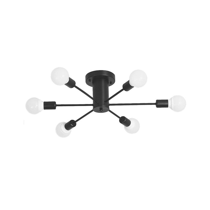 6/8 Heads Bare Bulb Semi Flush Mount Light Vintage Style Black/White Metallic Ceiling Light Fixture for Kitchen