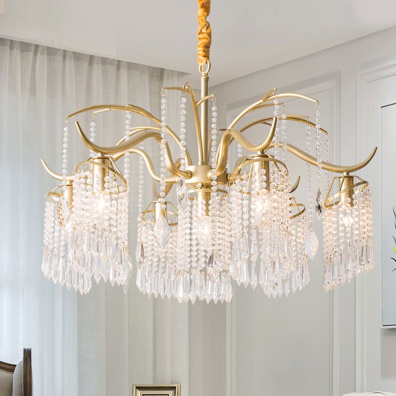 Gold Finish Chandelier Lamp Antique Crystal Tassel Hanging Light Fixture for Bedroom