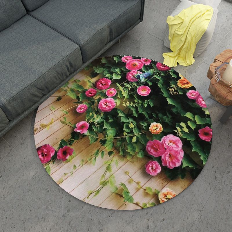 Round Green Tone Tropical Indoor Rug Polyester Leaves Print Rug Stain Resistant Indoor Rug for Living Room