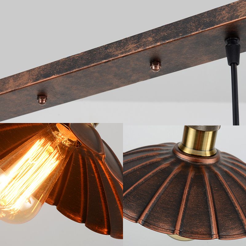 Scalloped Edged Metal Island Light Antique Style 3 Heads Dining Table Pendant Lighting in Rust