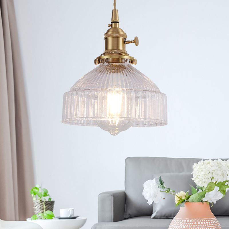 Bowl Living Room Hanging Light Kit Industrial Clear Ribbed Glass 1 Light Brass Pendant Lighting
