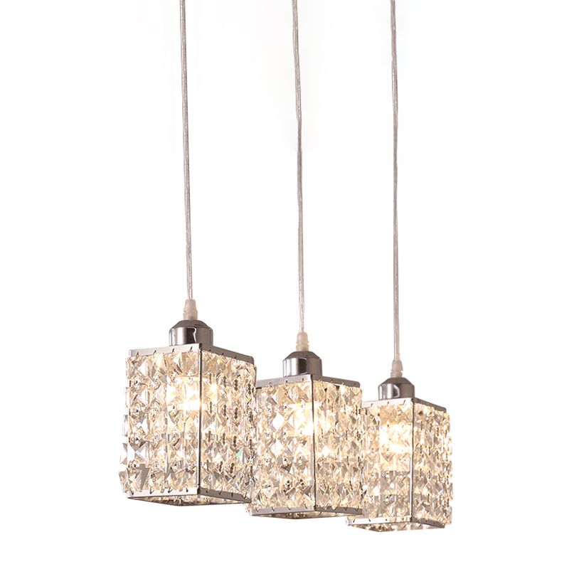 Cuboid Kitchen Suspension Pendant Modern Beveled Cut Crystal 3 Heads Chrome Multiple Hanging Light