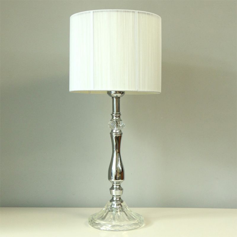 Modernist 1-Head Table Light White Drum Crystal Nightstand Lamp with Fabric Shade