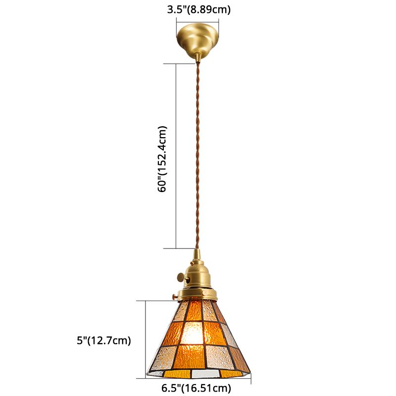 Stained Glass Shade Tiffany Hanging Light Brass Bedroom Mini Pendant Lamp with 63" Hanging Wire