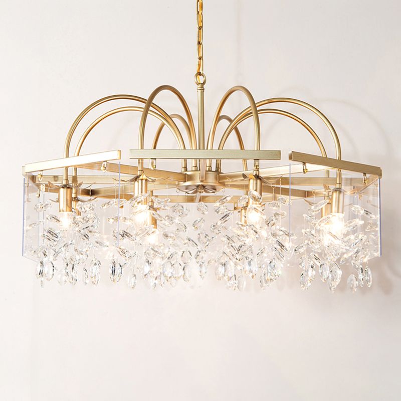 Gold Geometric Shaped Chandelier Antique Metal Dining Room Hanging Lighting with Crystal Drops