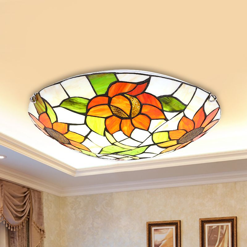 Hotel Dome Flush Mount Light con Sunflower Pattern Colorato Vetro Arancione Arancione