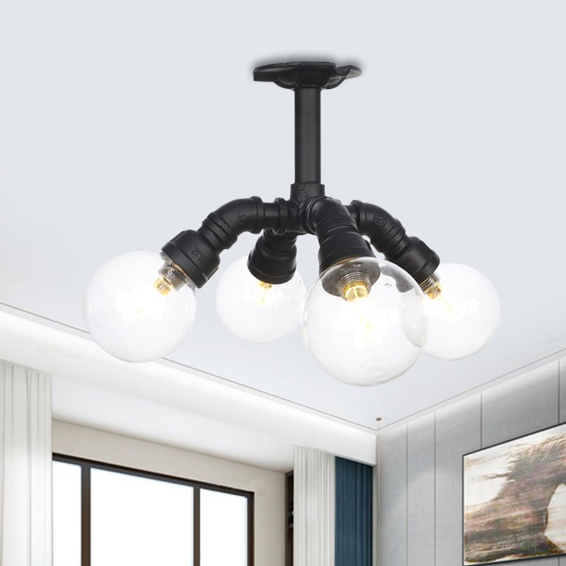 Black 4/5/6-Head Semi Flushmount Antiqued Clear Glass Ball LED Close to Ceiling Lighting